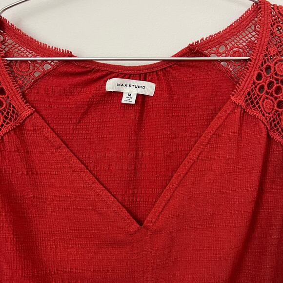 Max Studio Red Lace Trim V Neck Knot Front Knit 3/4 Sleeve Top Size Medium - Picture 3 of 12